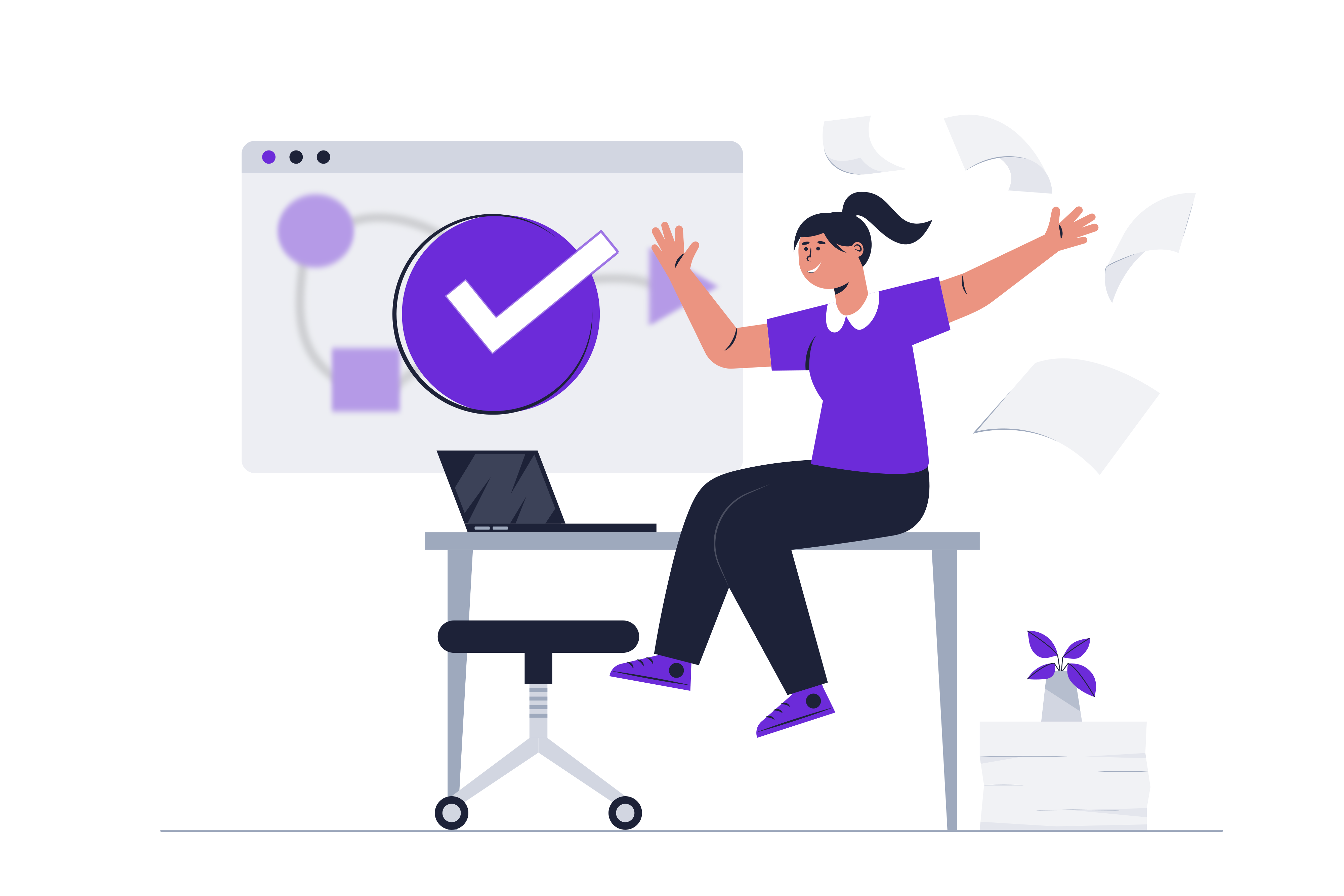 A happy woman celebrating the completion of a no-code data pipeline, with papers symbolizing code and configuration troubles scattered behind her.